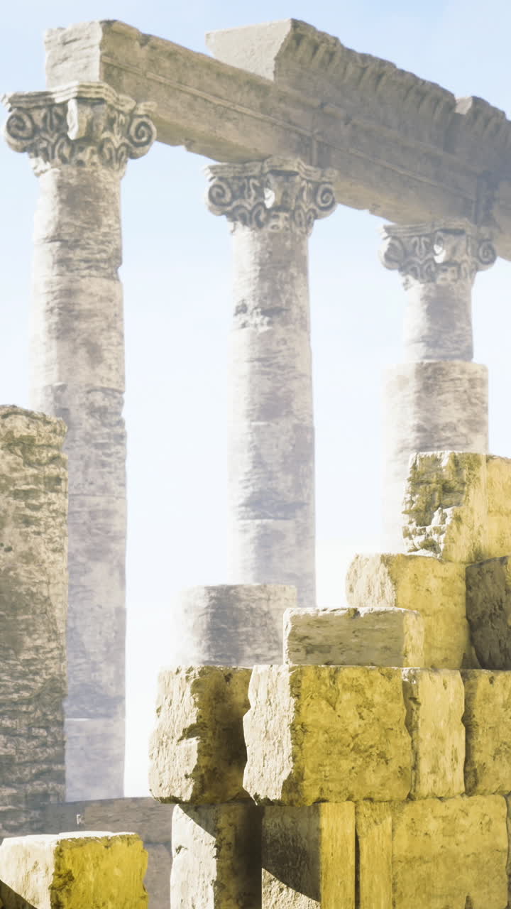 Antiche colonne in un ambiente nebbioso vicino a rovine storiche