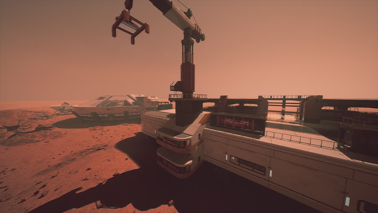 Futuristic Martian Base with Spaceship and Crane