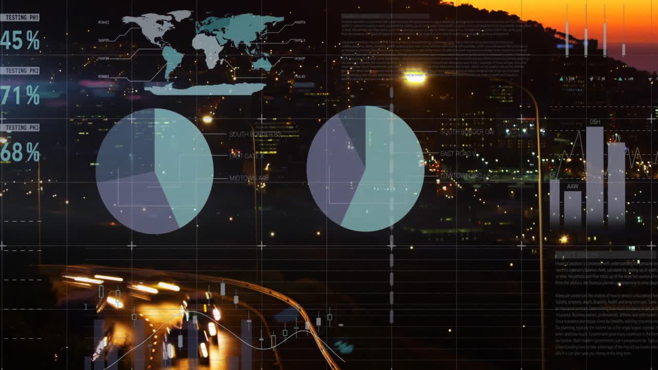 Animazione dell'elaborazione di dati finanziari su un paesaggio urbano