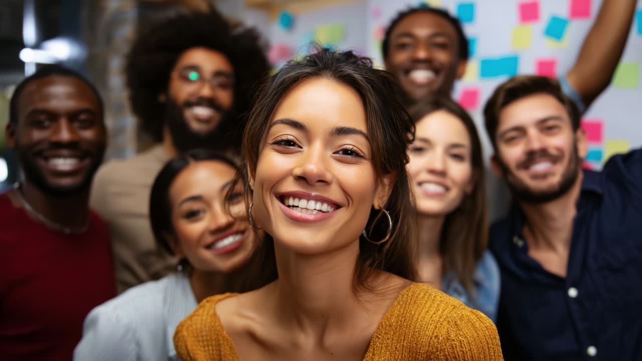 A joyful group of diverse friends sharing smiles and laughter, captured in the moment of connection and positivity in a vibrant, energetic environment filled with colorful sticky notes in the background