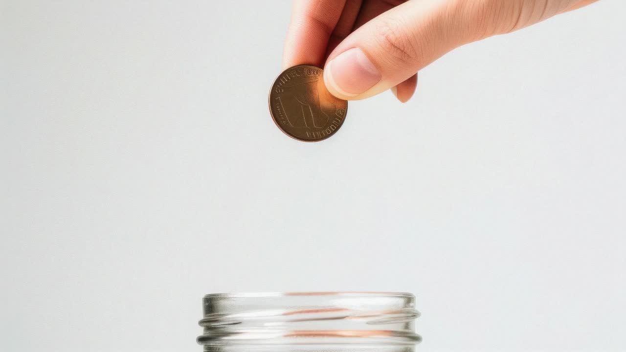 Close-up video angle of a hand dropping a coin into a glass jar, symbolizing savings or investment