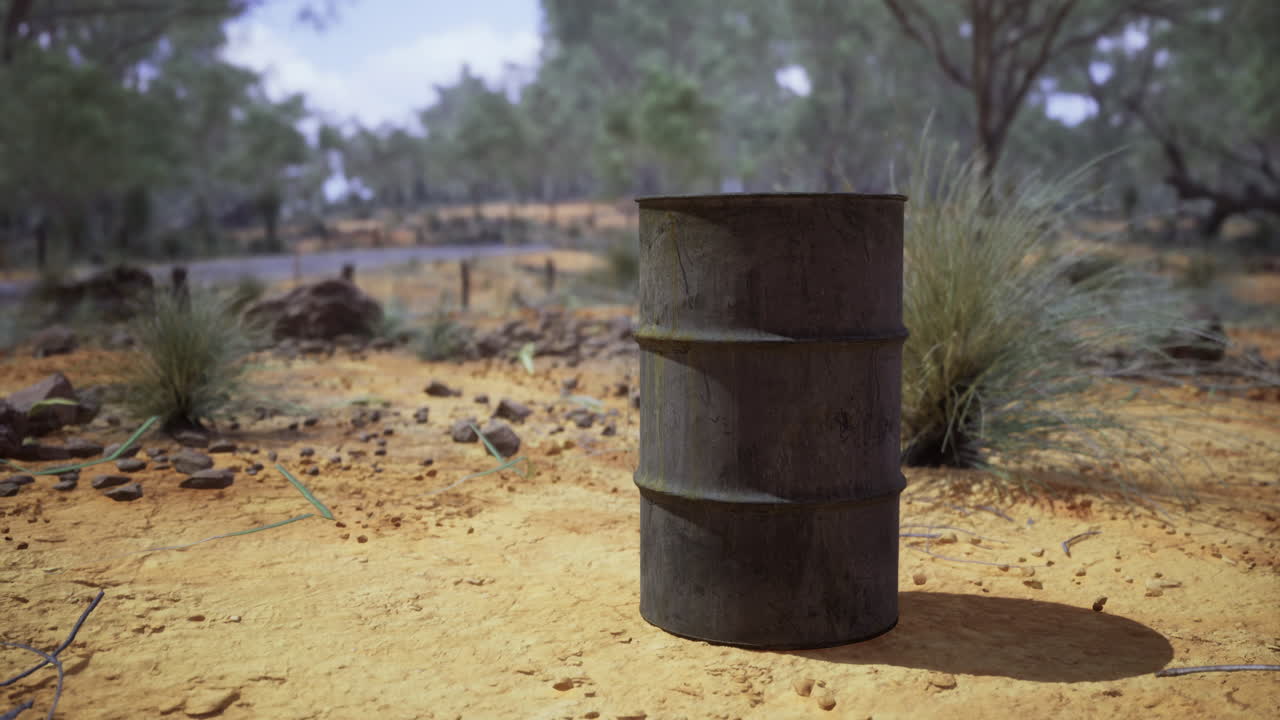 Rusted metal barrel sits on dry ground in a remote desert area