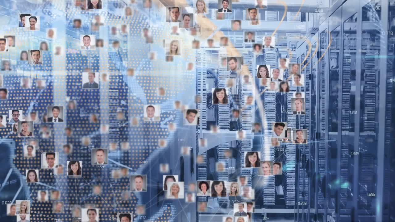 Animation of diverse people icons and financial data over server room