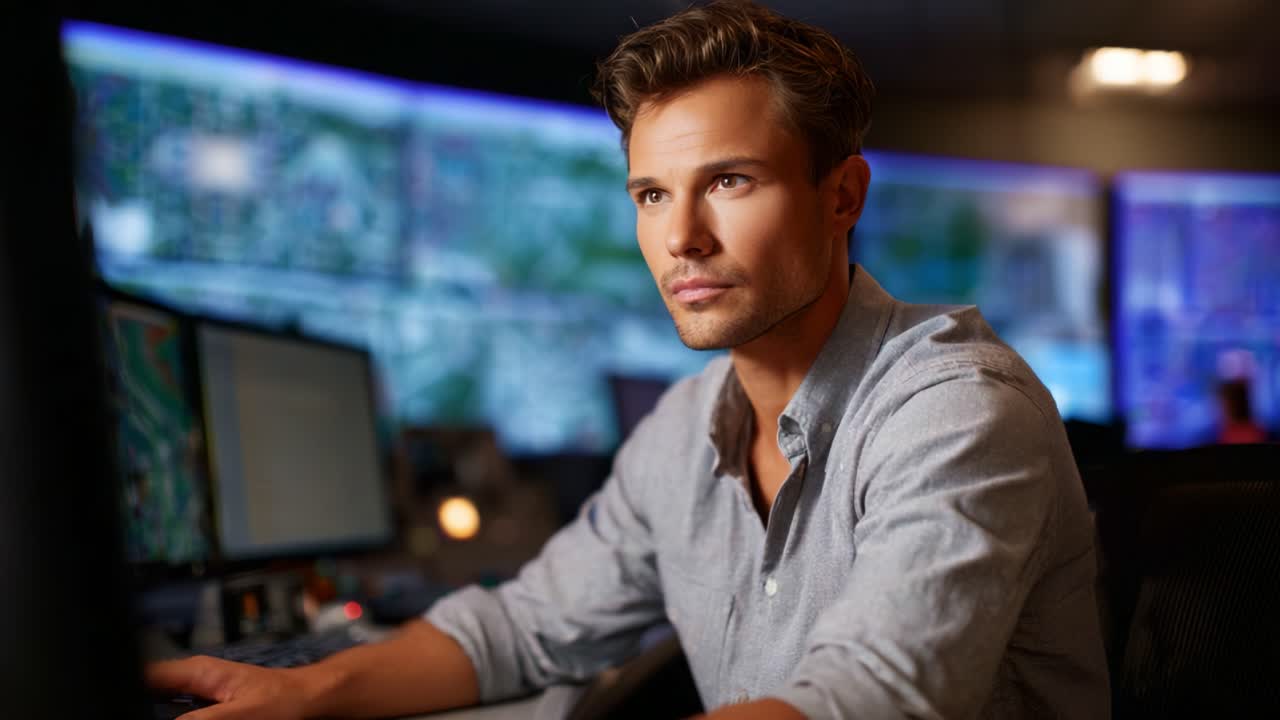 Konzentrierte Einzelperson, die Daten in einem Hightech-Kontrollraum mit mehreren Monitoren analysiert, die komplexe Informationen und Grafiken in einem professionellen Umfeld anzeigen