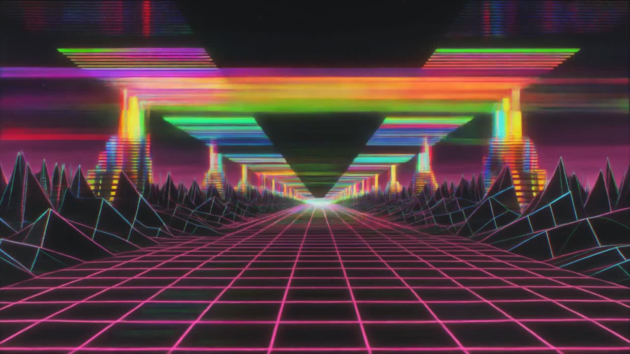 Volo attraverso un paesaggio neon retro synthwave a griglia