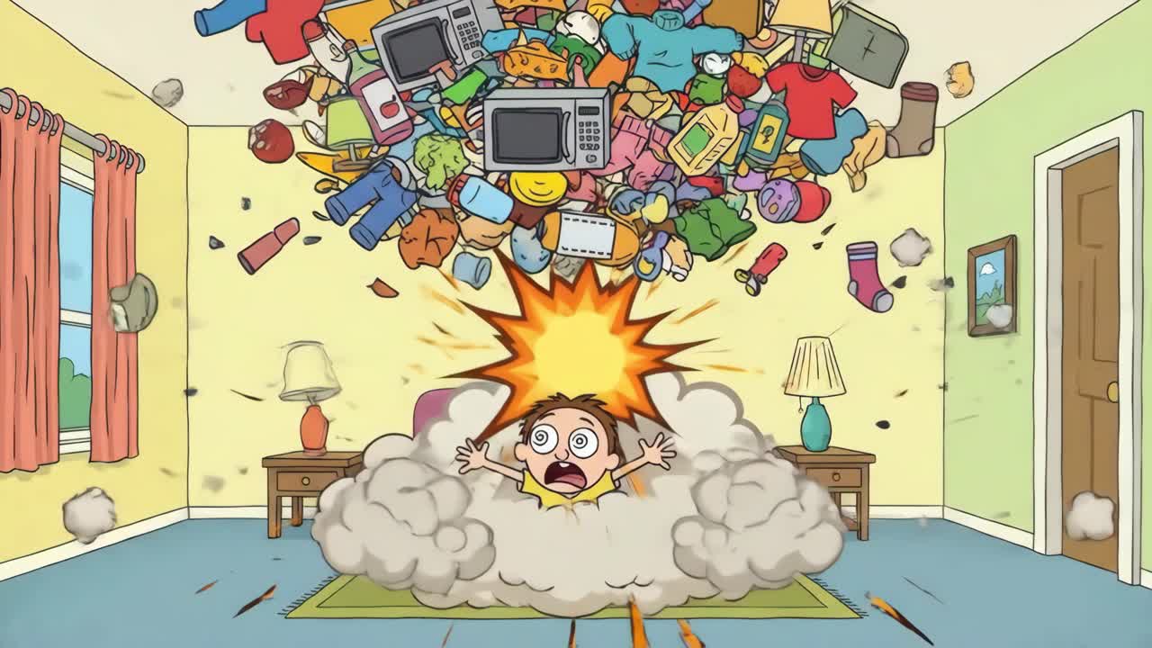 Animated Boy Overwhelmed by Exploding Pile of Objects