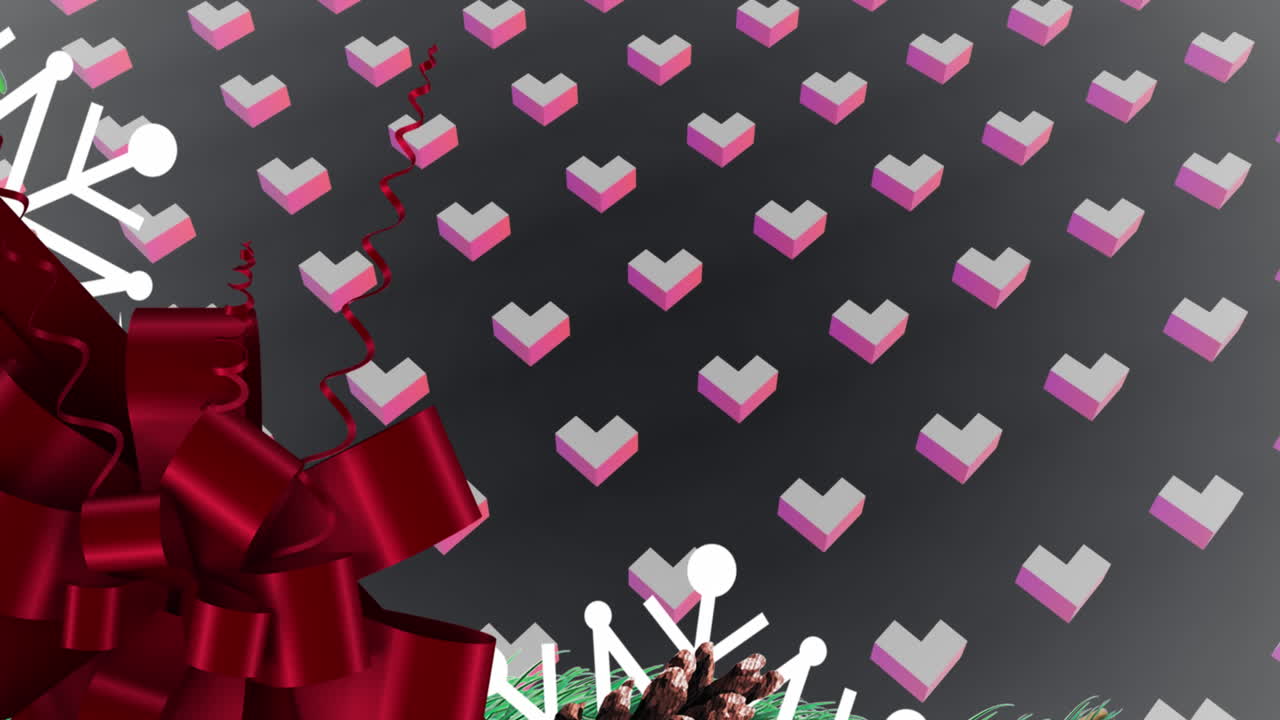 이 비디오는 검은색 배경에 대한 빨간 리본, 눈송이 및 소나무 의 디지털 애니메이션입니다.