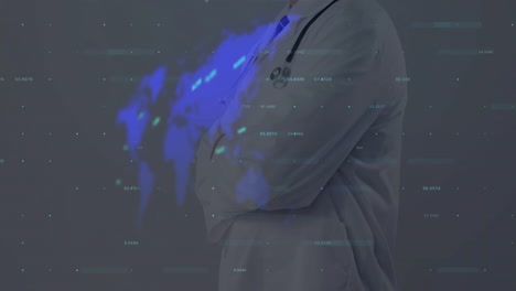 animation of financial data processing and world map over caucasian male doctor