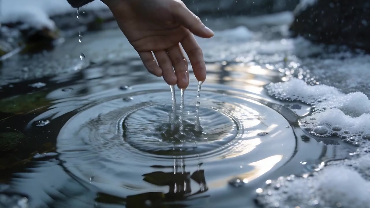 Hovering hand in knit sleeve reacting to ripples, descending into shallow pool, creating ripples