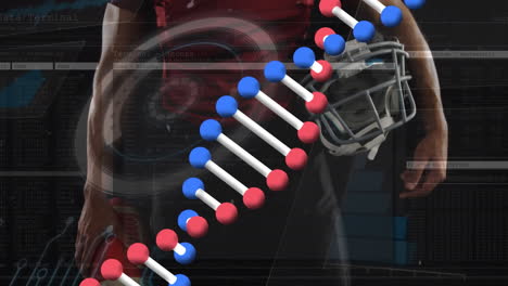 animación de un jugador de rugby masculino caucásico y cadena de adn sobre el procesamiento de datos