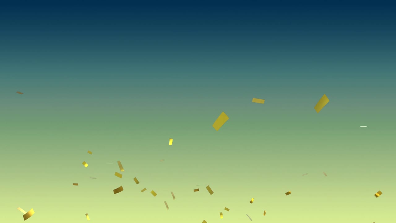 Animasi confetti berjatuhan di atas latar belakang gradasi biru ke kuning