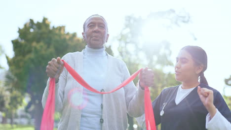 elderly, black woman and caregiver with stretching