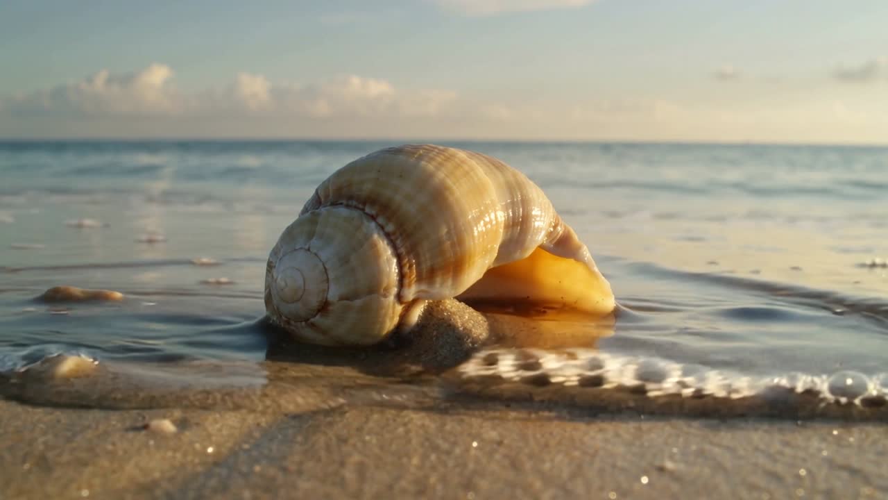 Ola de marea que avanza envolviendo una caracola en la playa mojada, dejando un reflejo de espuma.