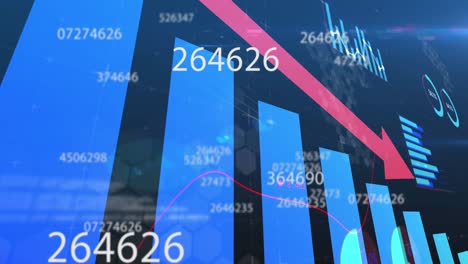 Animation-Sich-ändernder-Zahlen,-Statistikaufzeichnung-Mit-Rotem-Pfeil-Im-Hintergrund