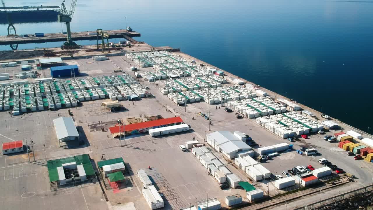 Aerial view of large refugee camp outside of Athens Greece