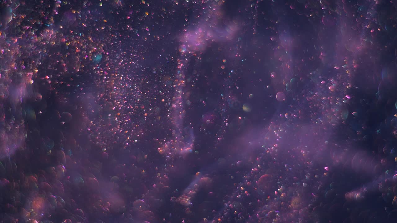 Streams full of tiny bokeh violet glittering bubbles are moving randomly and chaoticlally on the dark space background.