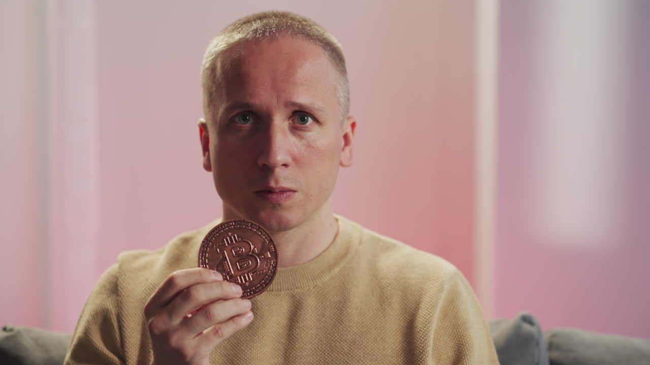 真剣な表情の若い男性が、手にビットコインを持ち、カメラを見ている。