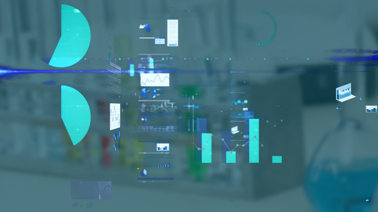 Animated charts and graphs in laboratory background for data visualization purposes