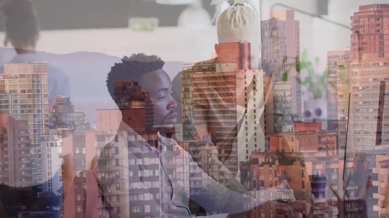 animación de diversos empresarios en el paisaje urbano