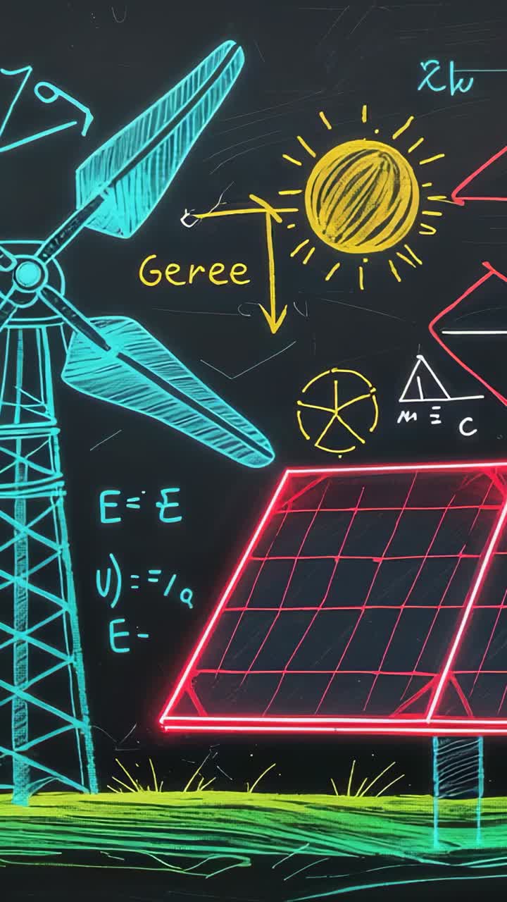 Vertical video: Neon lines glowing around wind turbine sun icon solar panel powering up chalkboard