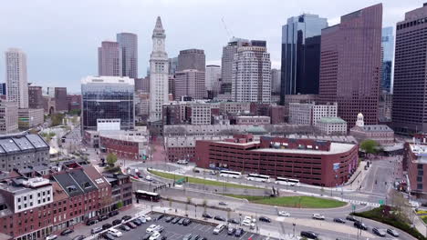 panning up over the freeway in boston's north end towards the financial district