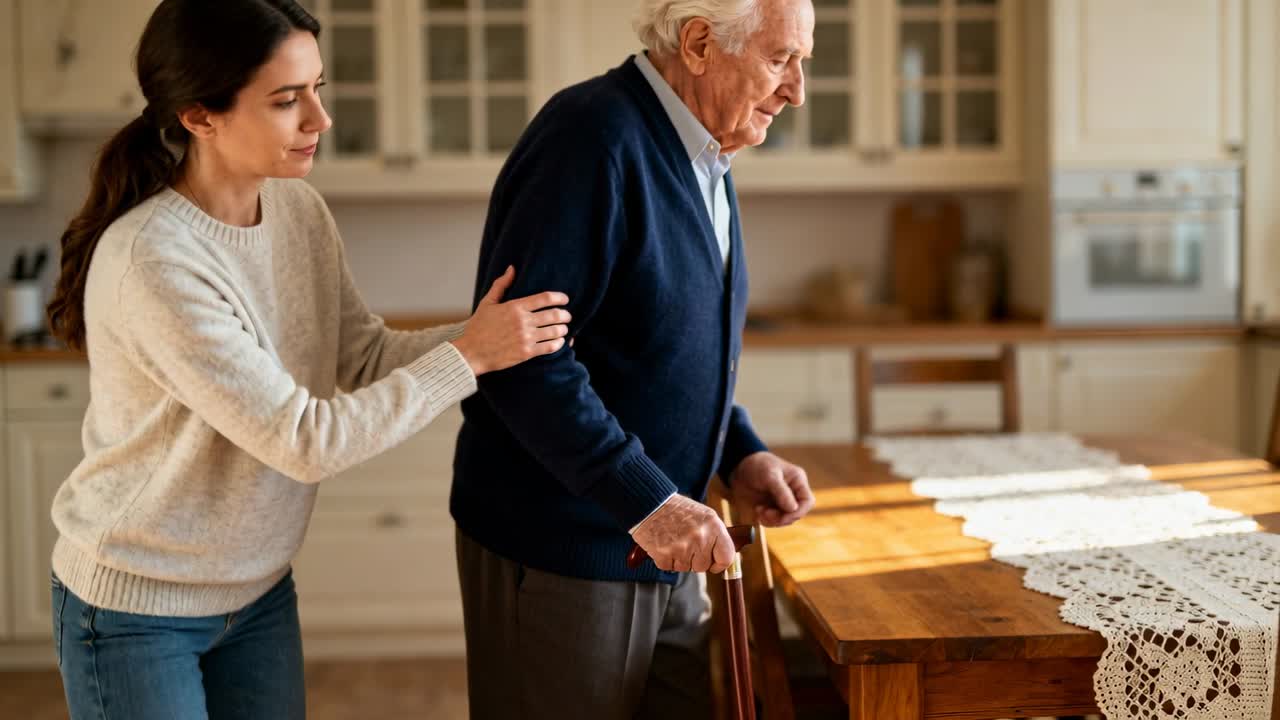 Senior přenáší váhu na dřevěnou hůl, zatímco ho pečovatel v svetru vede ke kuchyňskému stolu.