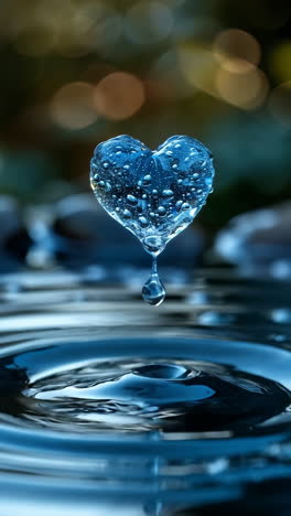 droplet forms heart above ripples. a clear water droplet takes the shape of a heart above tranquil ripples in a serene setting with soft lighting.