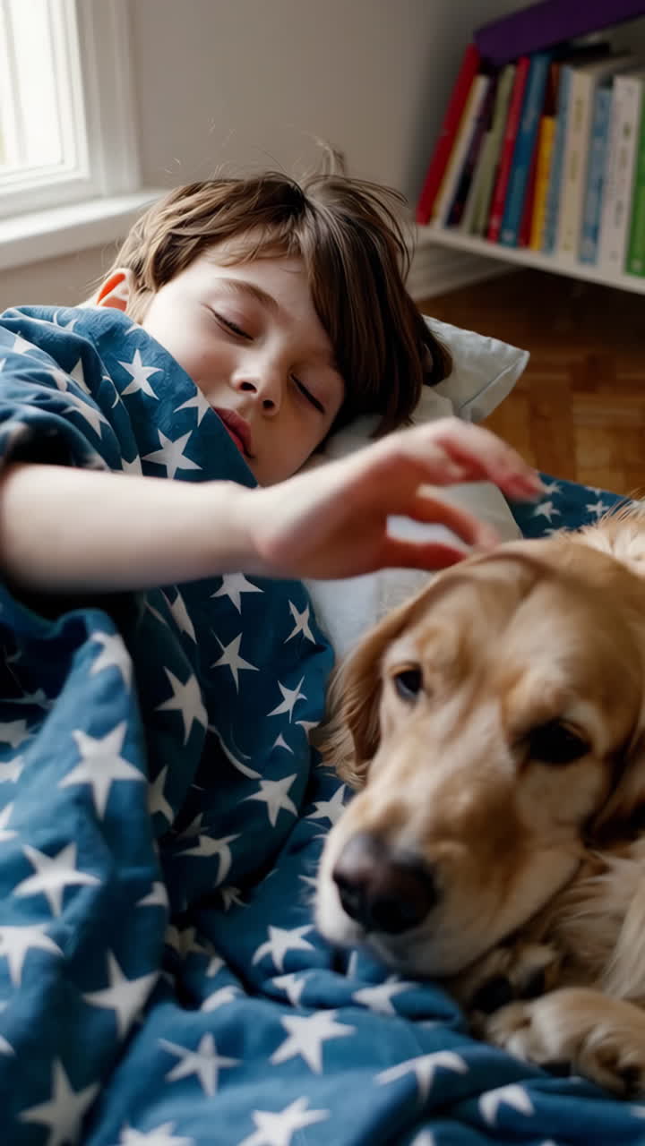 Child and Golden Retriever Sleeping Peacefully