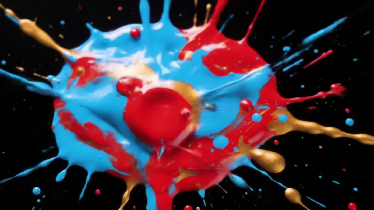 Dynamic Burst of Colorful Paint Splashes Against a Black Background, Capturing the Vibrant Interaction of Red, Blue, and Gold in an Artistic Display