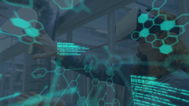 Animation of data processing over caucasian woman using vr headset