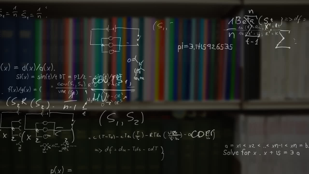 Mathematical equations against shelf of books