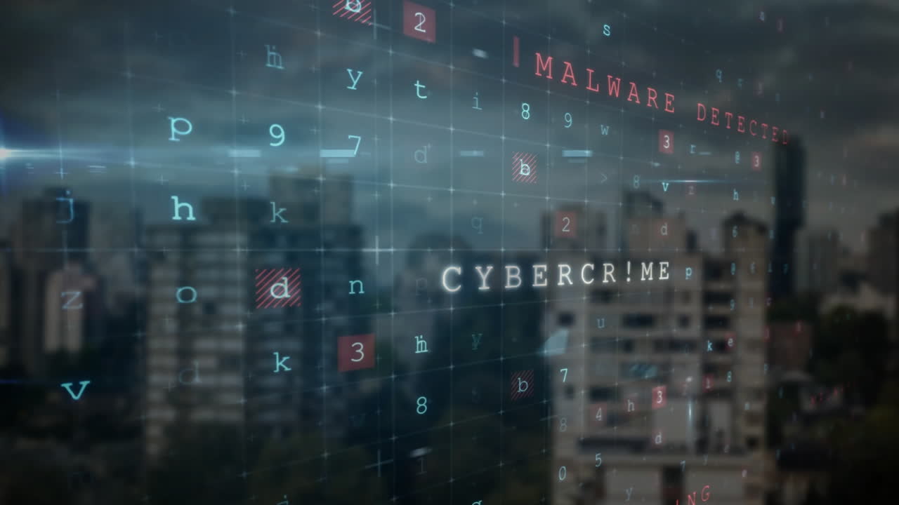 animación de procesamiento de datos y textos de seguridad sobre el paisaje urbano