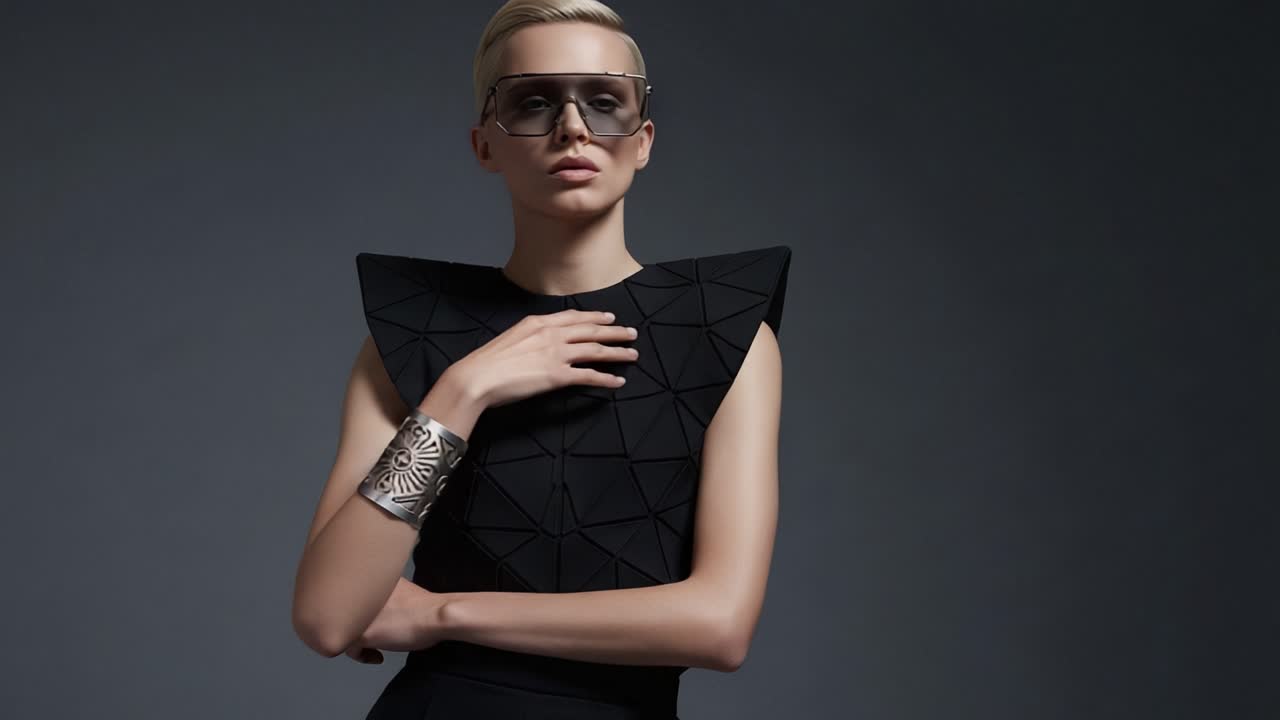 Et fængslende modeportræt af en model klædt i et geometrisk sort ensemble, der udstråler elegance og stil mod en mørk baggrund.