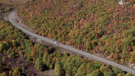 Autofahren-Auf-Der-Landstraße-Durch-Den-Herbstwald,-Antenne