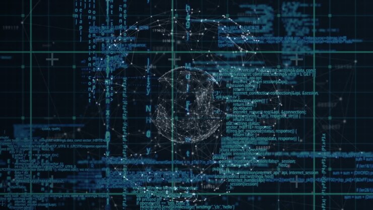 Animation af forbindelsesnetværk, globus og databehandling i digitalt rum