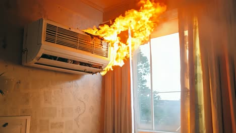 una ventana con un fuego saliendo de ella
