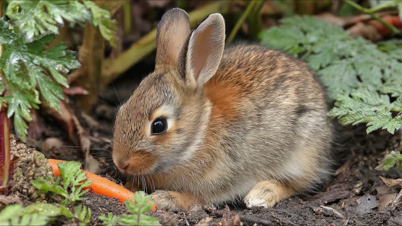 A Charming Bunny Rabbit Enjoys a Fresh Carrot in a Garden Setting Surrounded by Lush Vegetation and Vibrant Greens, Capturing the Essence of Nature's Beauty