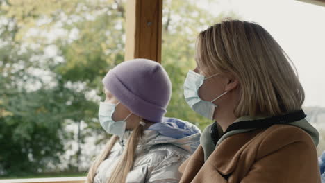 mother and daughter ride in the tram, they are wearing protective masks.