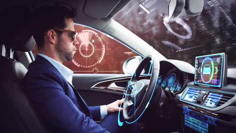 animación de la interfaz digital sobre el hombre de negocios en el coche de conducción autónoma
