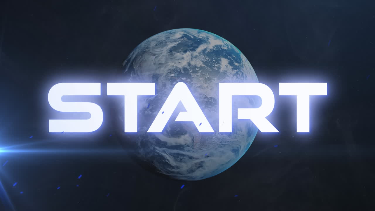 Animation of word start over spinning globe with glowing light