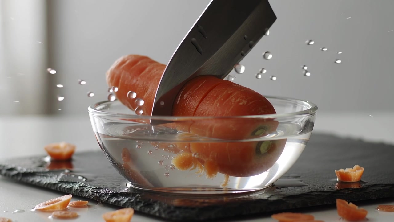 Coltello che affetta una carota sbucciata su una ciotola sul bancone per cucinare, creando fette e goccioline