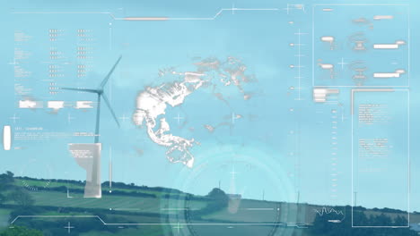 animation of globe, statistics and data processing over wind turbine