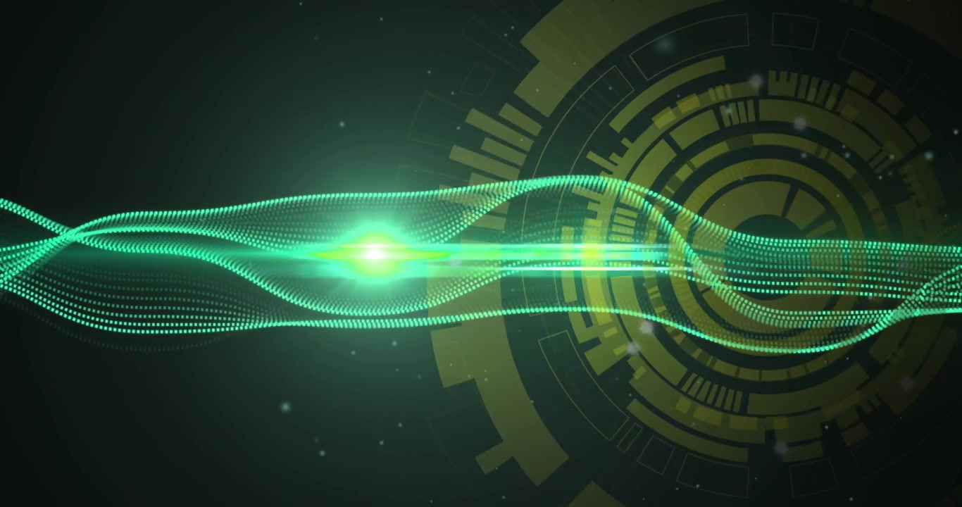 Forma d'onda verde neon che entra dal bordo sinistro e ondeggia mentre un bagliore si sposta a destra rivelando un HUD dorato.