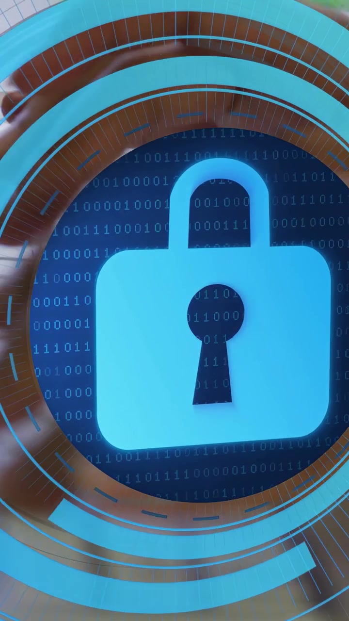 Vertical video: Woman typing forming HUD over hands rings rotating into blue lock for security