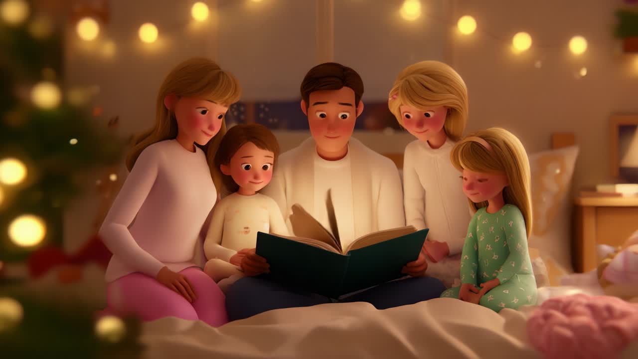 A heartwarming family moment unfolds as a father reads a storybook to his captivated daughters, surrounded by soft lights and a cozy atmosphere perfect for sharing in a magical evening together