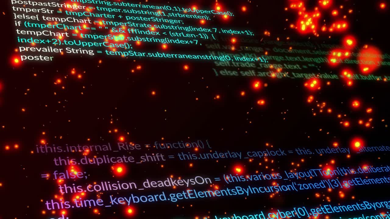 Glowing sparks starting code reveal scrolling down while code lines morphing visualizing data flow