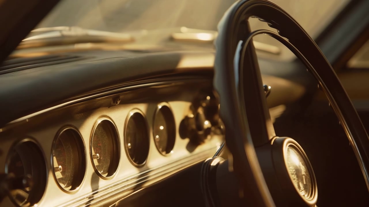 Innenansicht Nahaufnahme eines Armaturenbretts eines Oldtimers, mittig rechts im Bild, mit verchromten Rundinstrumenten, glänzend schwarzem Lenkradkranz, strukturiertem Leder