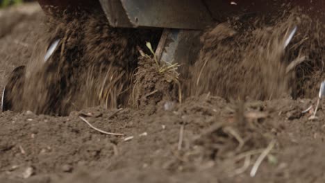 blades of hand motor plow working on arable land, close up