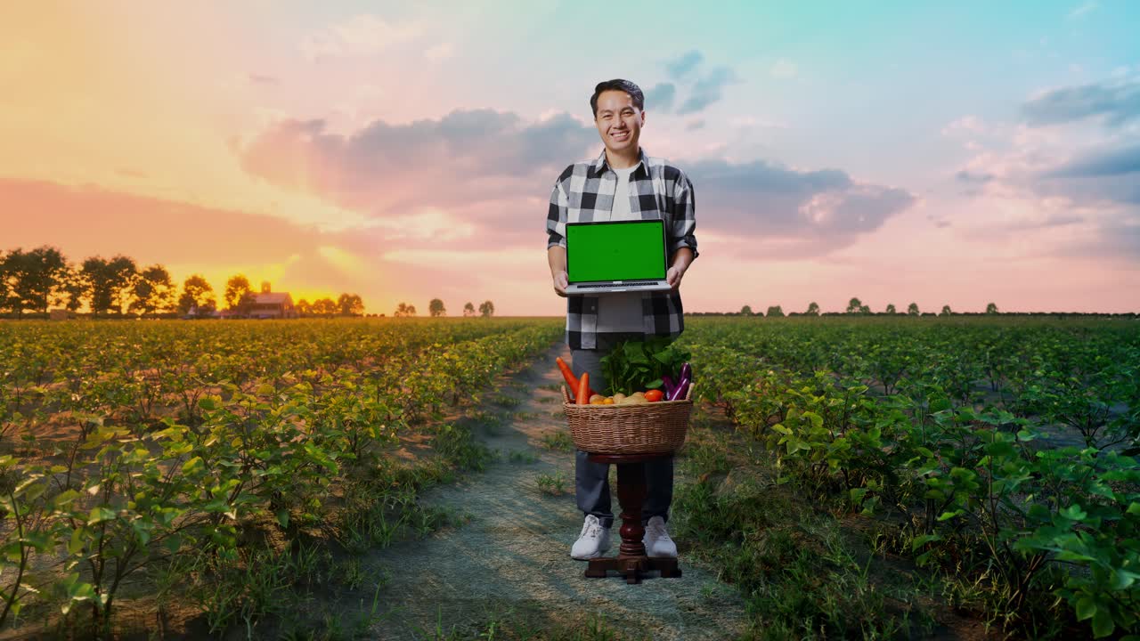 cuerpo lleno de granjero masculino asiático con cesta de verduras que muestra la pantalla verde de la computadora portátil en el campo