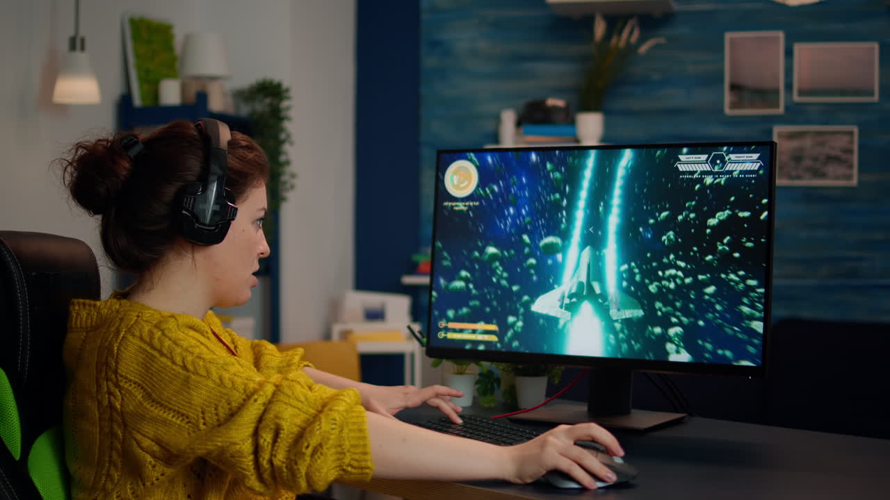 Lady gamer wearing headset starting to play online video game